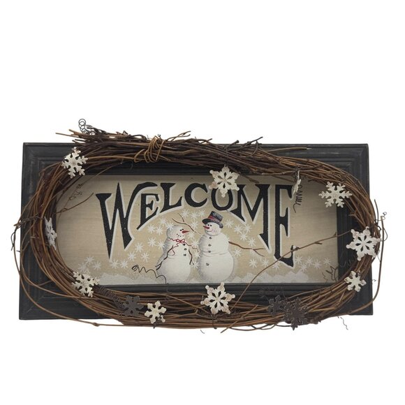 Snowman Welcome Wall Decor Wood Frame Twig Wreath Holiday Snowflake Accents Wint - Picture 1 of 4